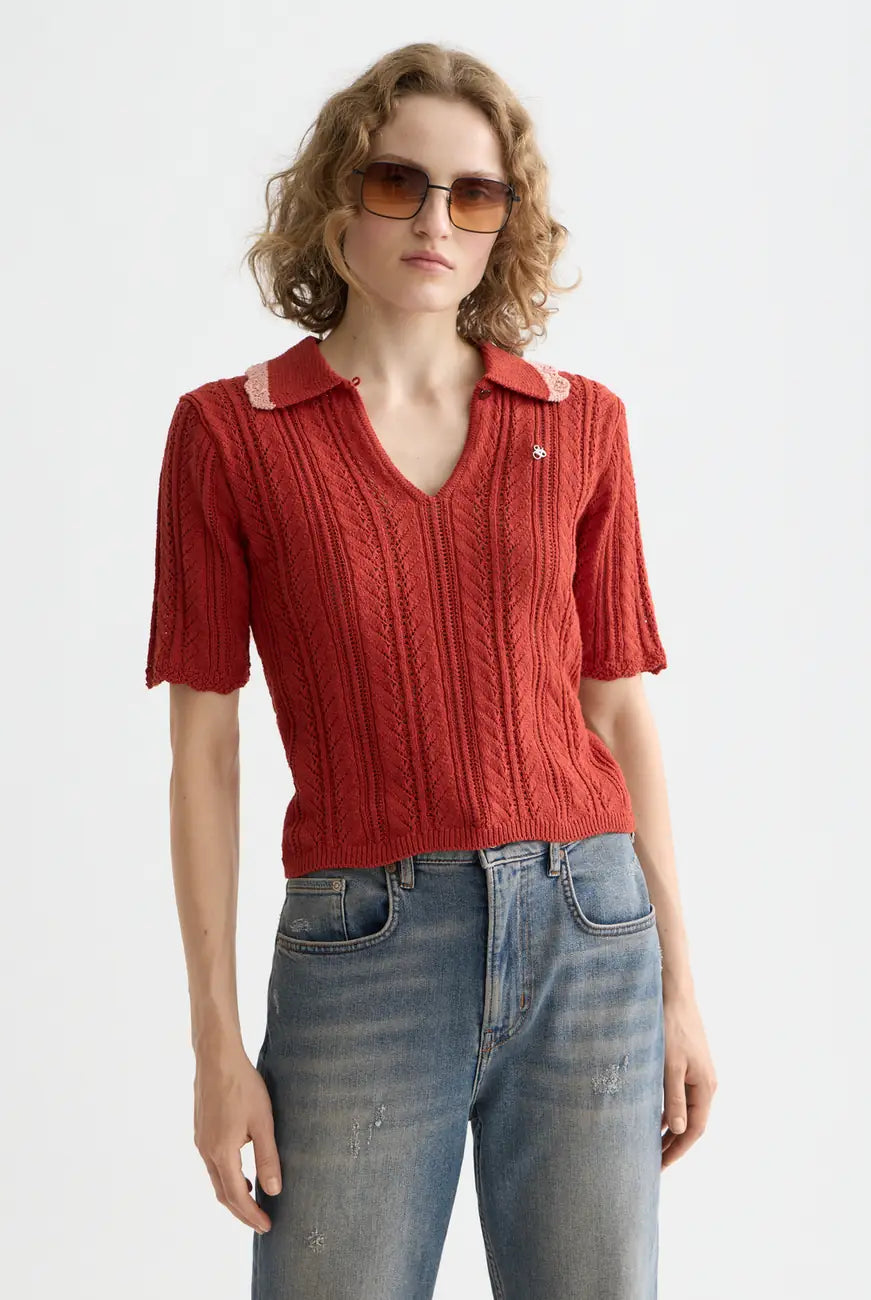 Knitted Polo Shirt close-up on model showing fit and detail by Scotch & Soda