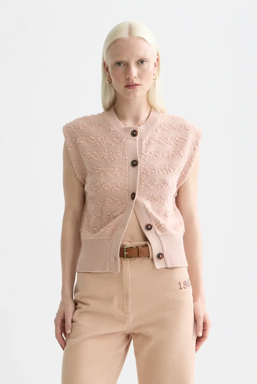 Rose Dust Boucle Stripe Crew Neck Spencer close-up on model by Scotch & Soda