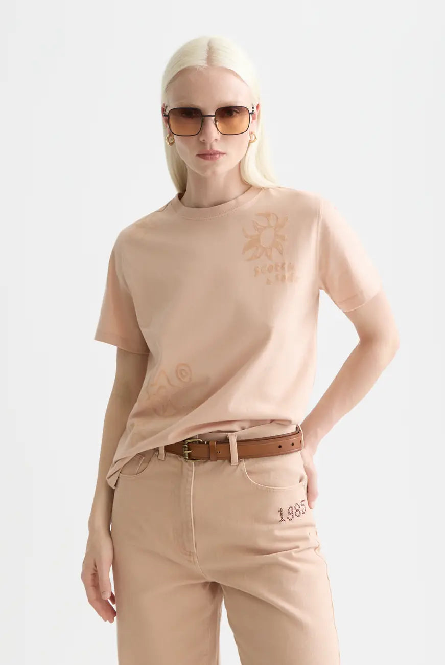Rose Dust Regular Fit T-shirt With Flock Print close-up on model by Scotch & Soda
