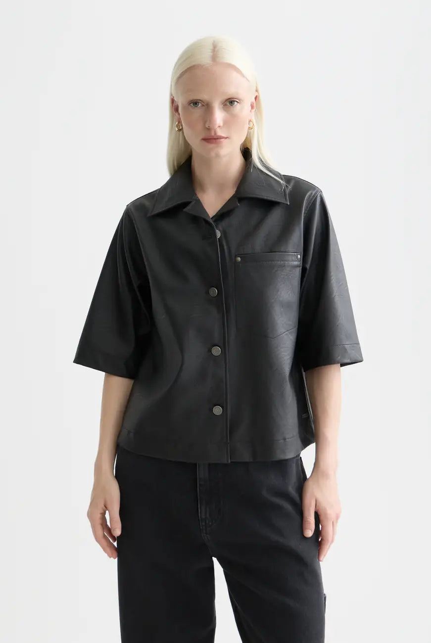 Meteorite Faux Leather A-line Sleeve Shirt close-up on model by Scotch & Soda