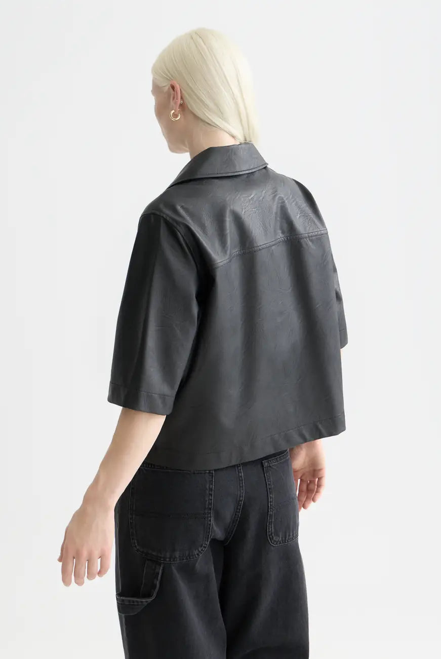 Faux Leather A-line Sleeve Shirt detail shot of fabric and craftsmanship by Scotch & Soda