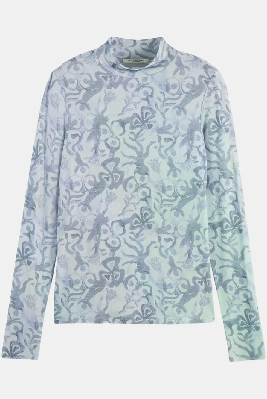 all-over-printed-mock-neck-long-sleeve-t-shirt front view by Scotch & Soda
