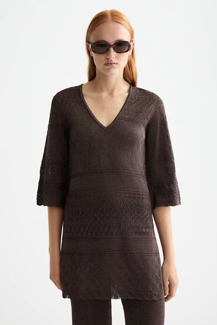 Metallic Pointelle Pullover close-up on model showing fit and detail by Scotch & Soda