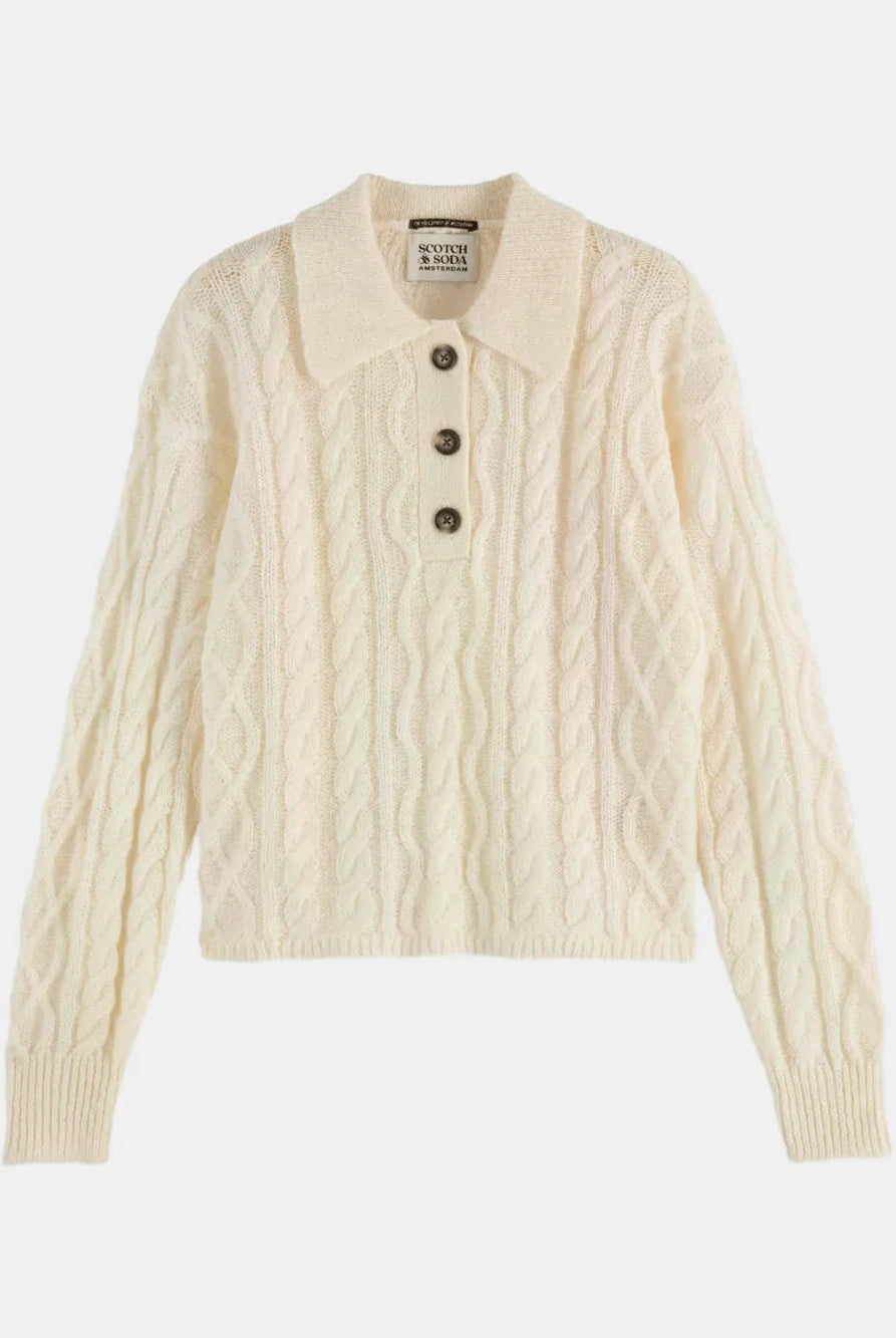 cable-stitch-polo-neck-pullover front view by Scotch & Soda