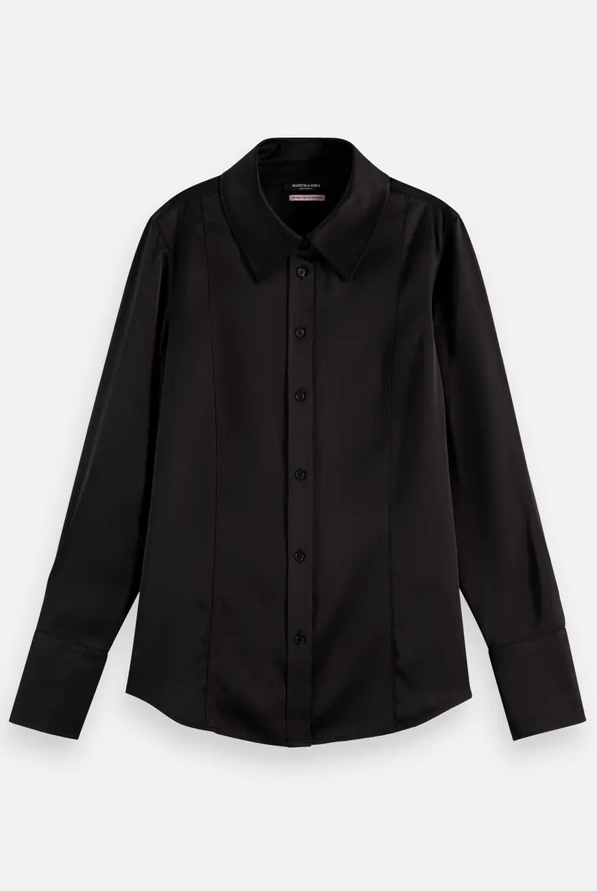 Core Viscose Satin Shirt flat lay showing product details by Scotch & Soda