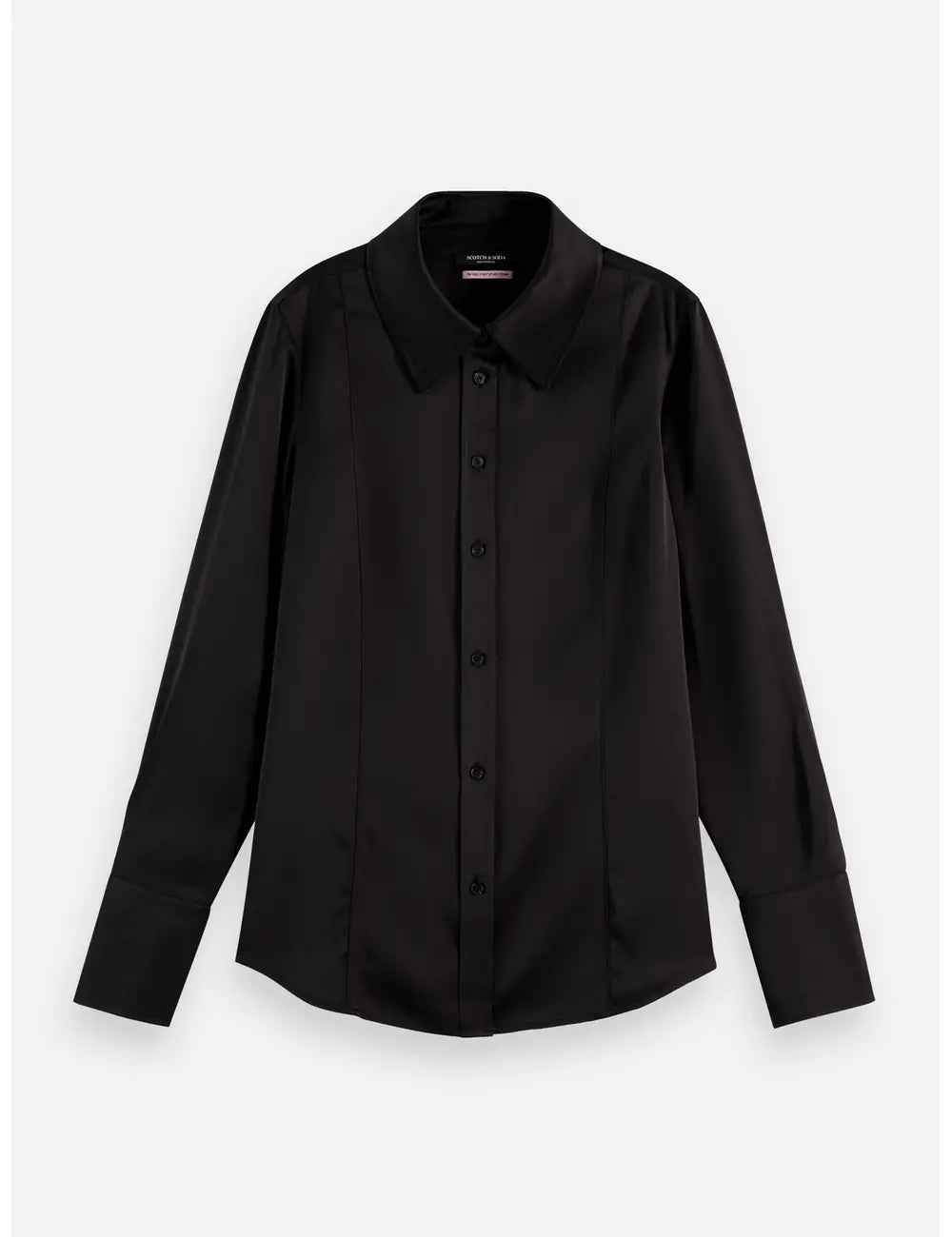 Core Viscose Satin Shirt flat lay showing product details by Scotch & Soda