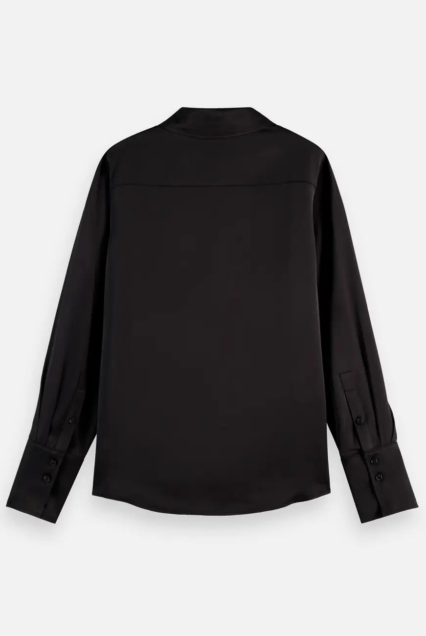 Core Viscose Satin Shirt flat lay showing product details by Scotch & Soda