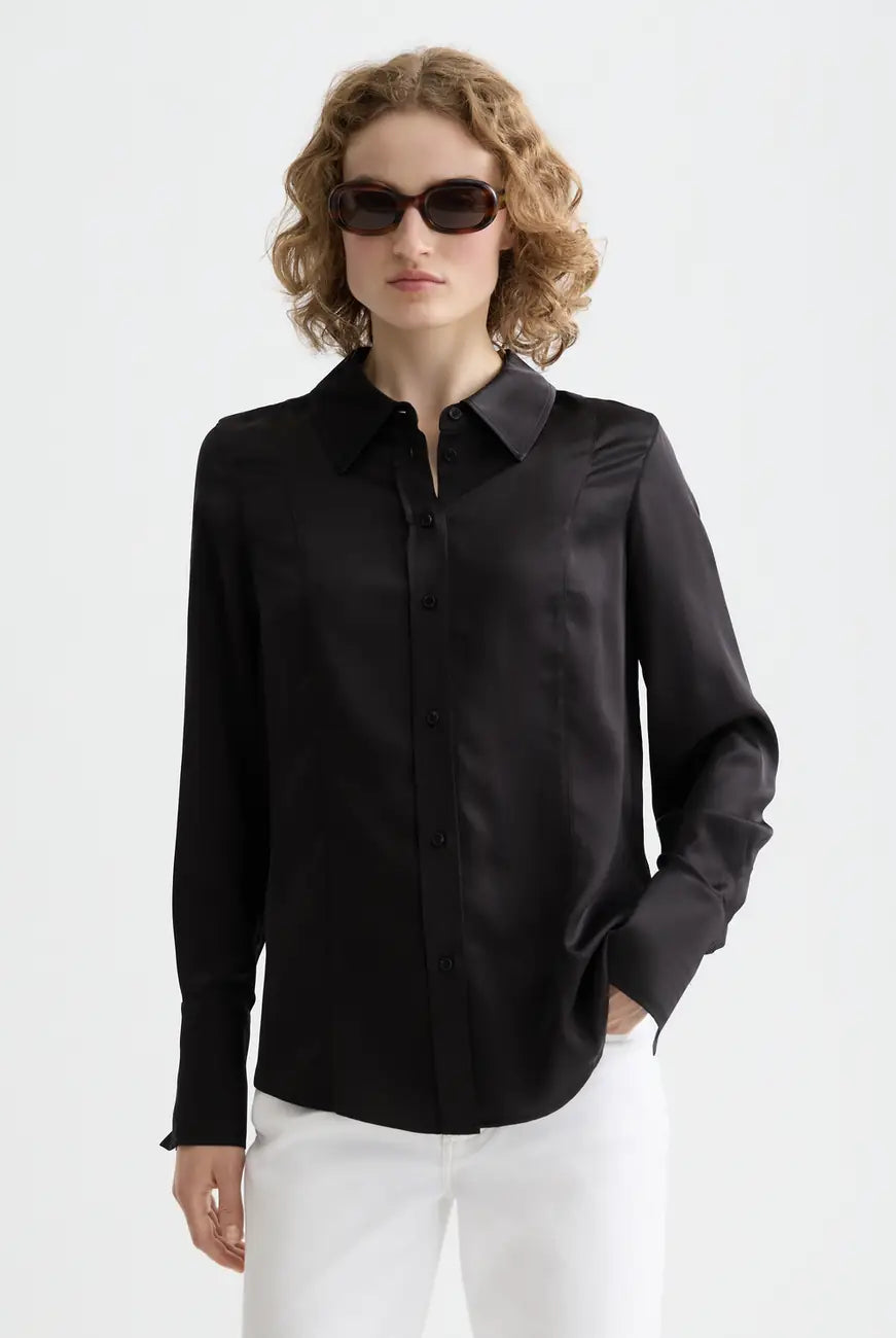 Black Core Viscose Satin Shirt close-up on model by Scotch & Soda
