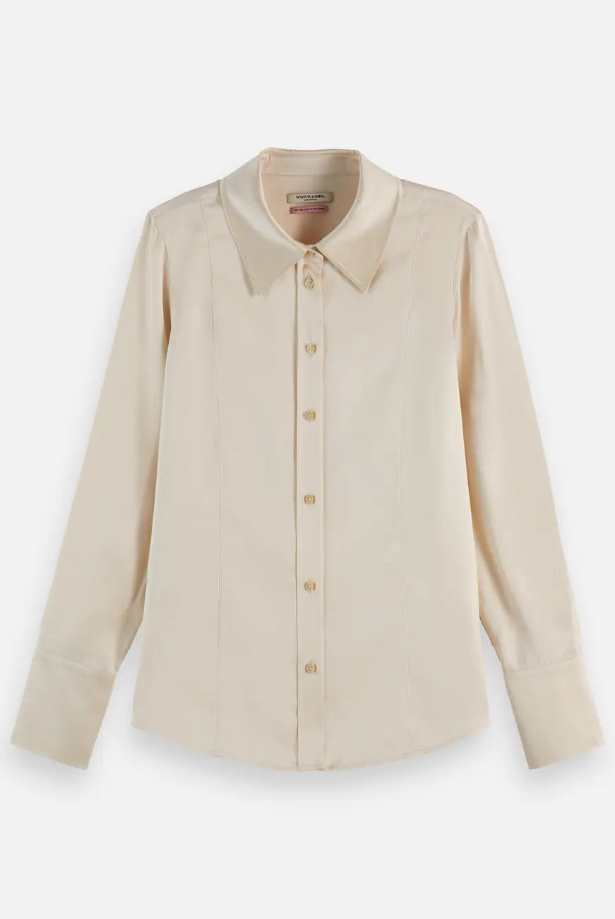 Core Viscose Satin Shirt flat lay showing product details by Scotch & Soda