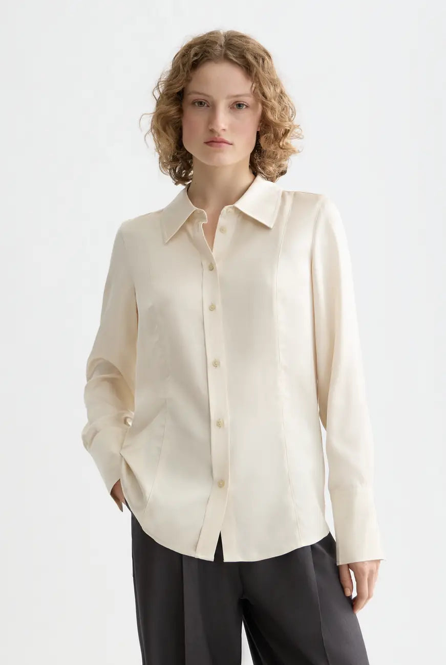 Off White Core Viscose Satin Shirt close-up on model by Scotch & Soda