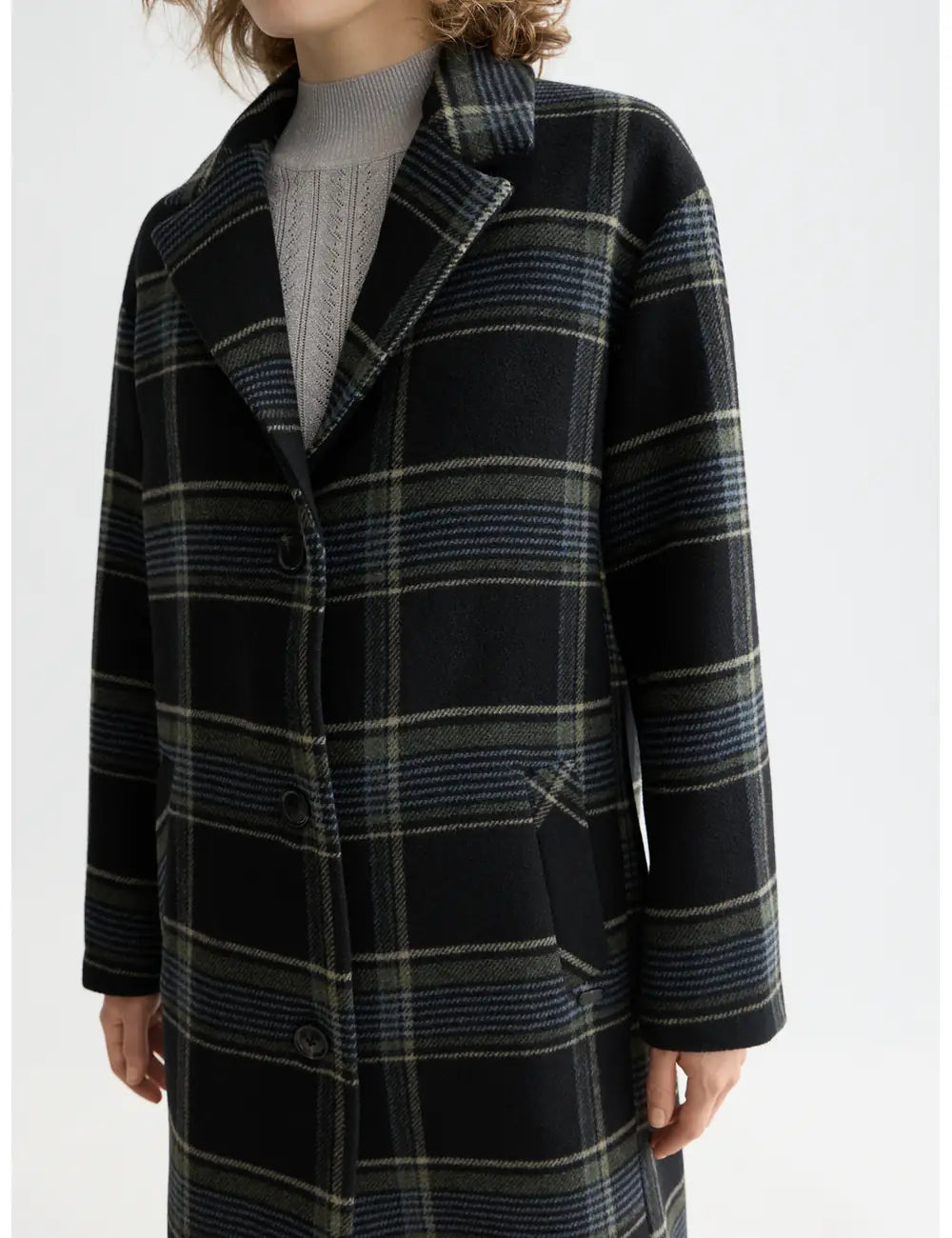 Wool Coat Check close-up on model showing fit and detail by Scotch & Soda