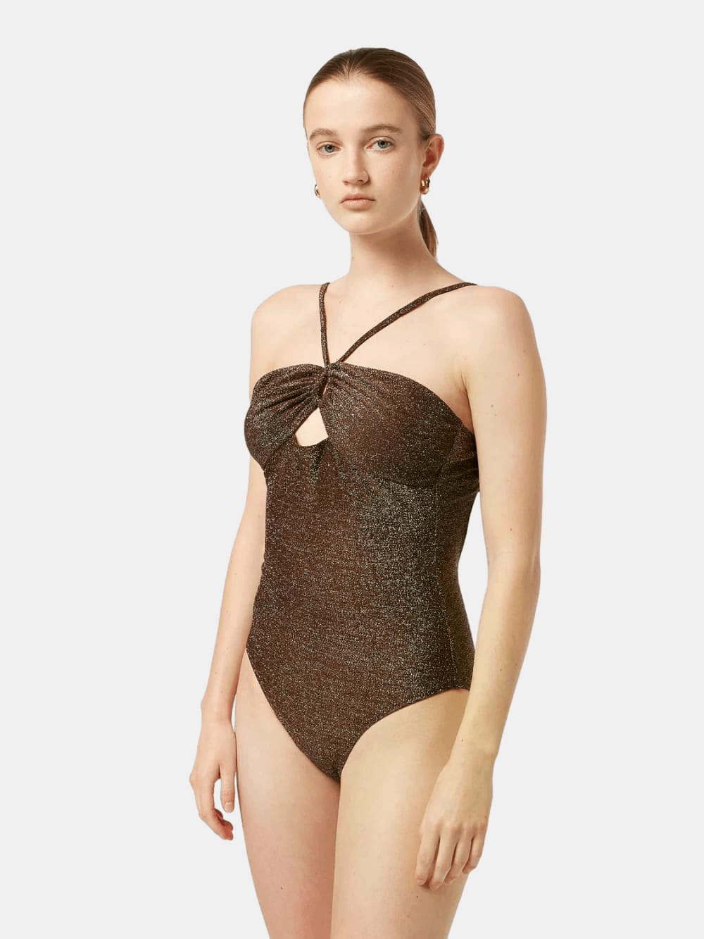 Lurex Swimsuit (Open Brown) detail shot of fabric and craftsmanship by Scotch & Soda