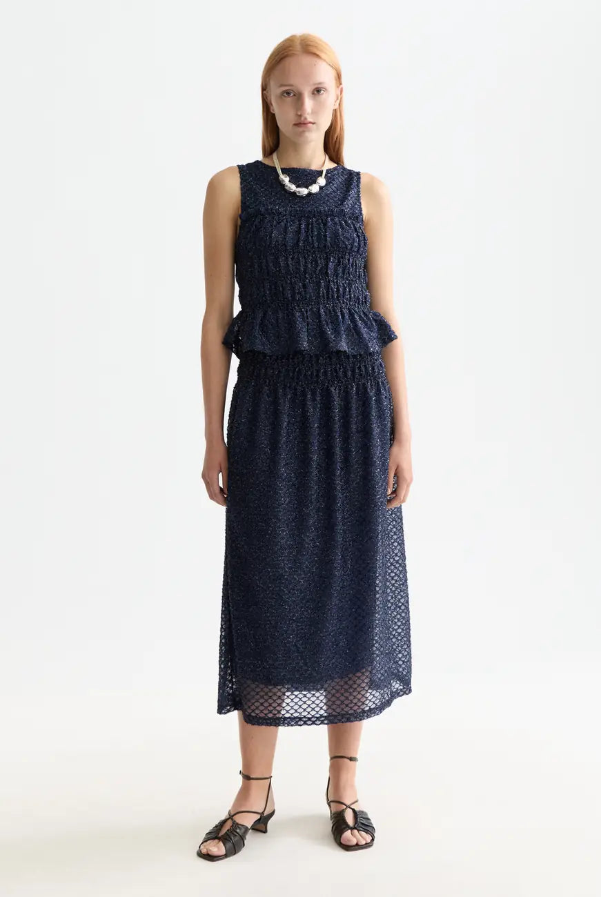 Lurex Smocked Skirt full model shot showing overall fit by Scotch & Soda