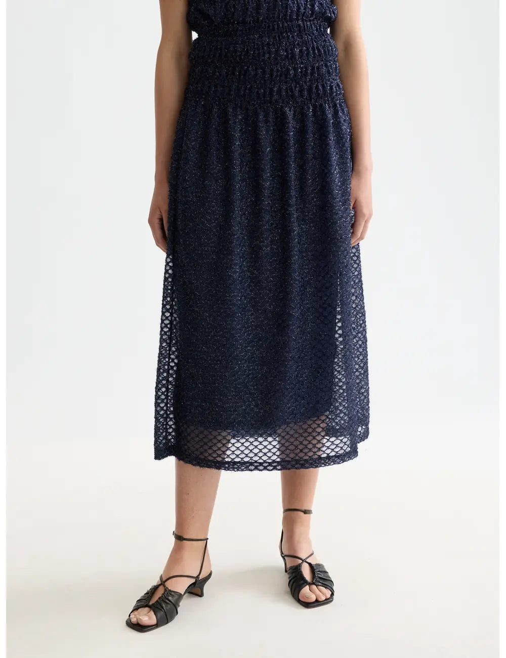 Lurex Smocked Skirt close-up on model showing fit and detail by Scotch & Soda