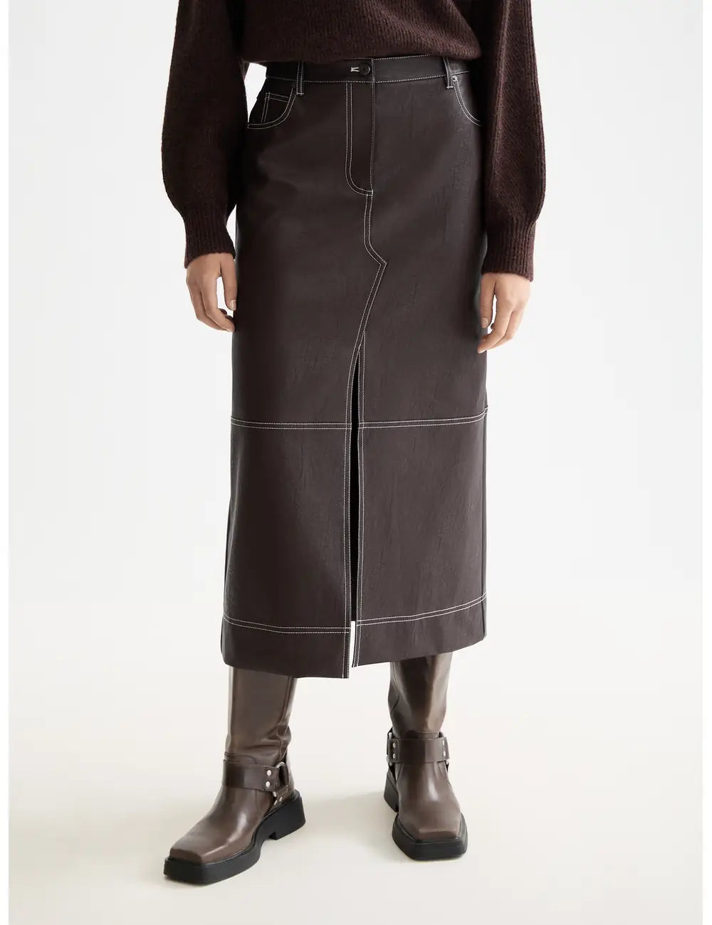 Faux Leather Midi Skirt close-up on model showing fit and detail by Scotch & Soda