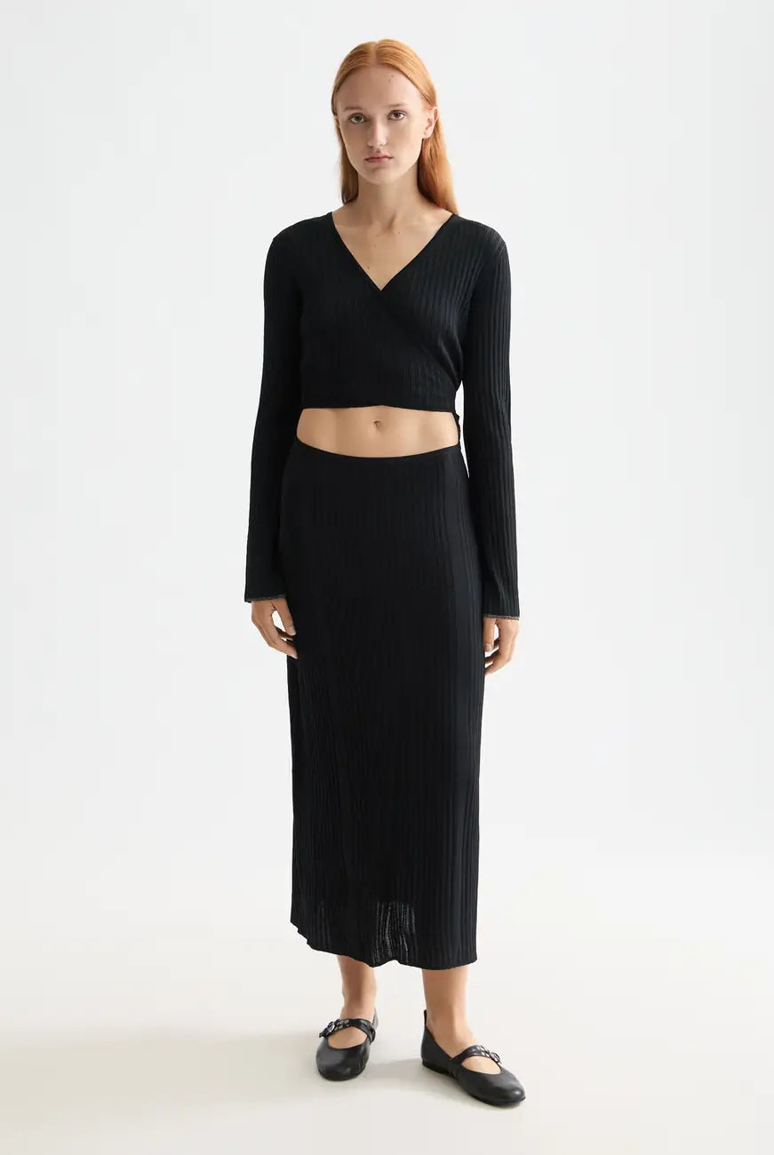 Skinny Rib Wrap Dress full model shot showing overall fit by Scotch & Soda