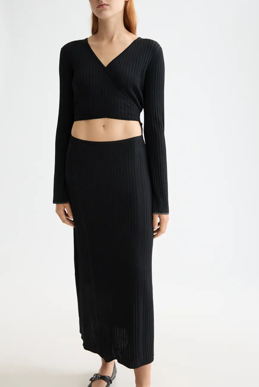 Skinny Rib Wrap Dress close-up on model showing fit and detail by Scotch & Soda