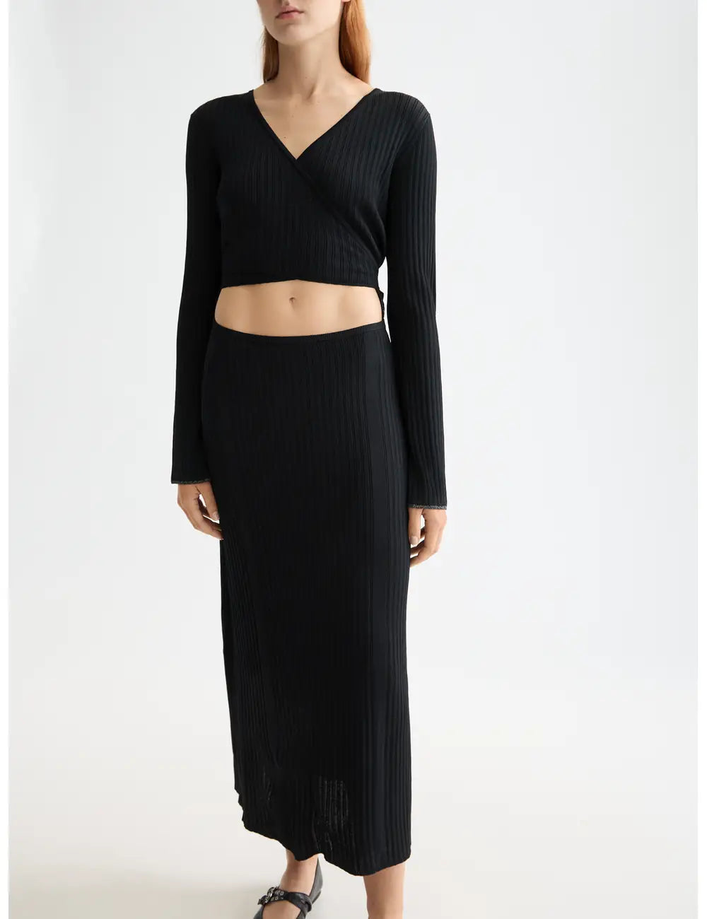 Skinny Rib Wrap Dress close-up on model showing fit and detail by Scotch & Soda