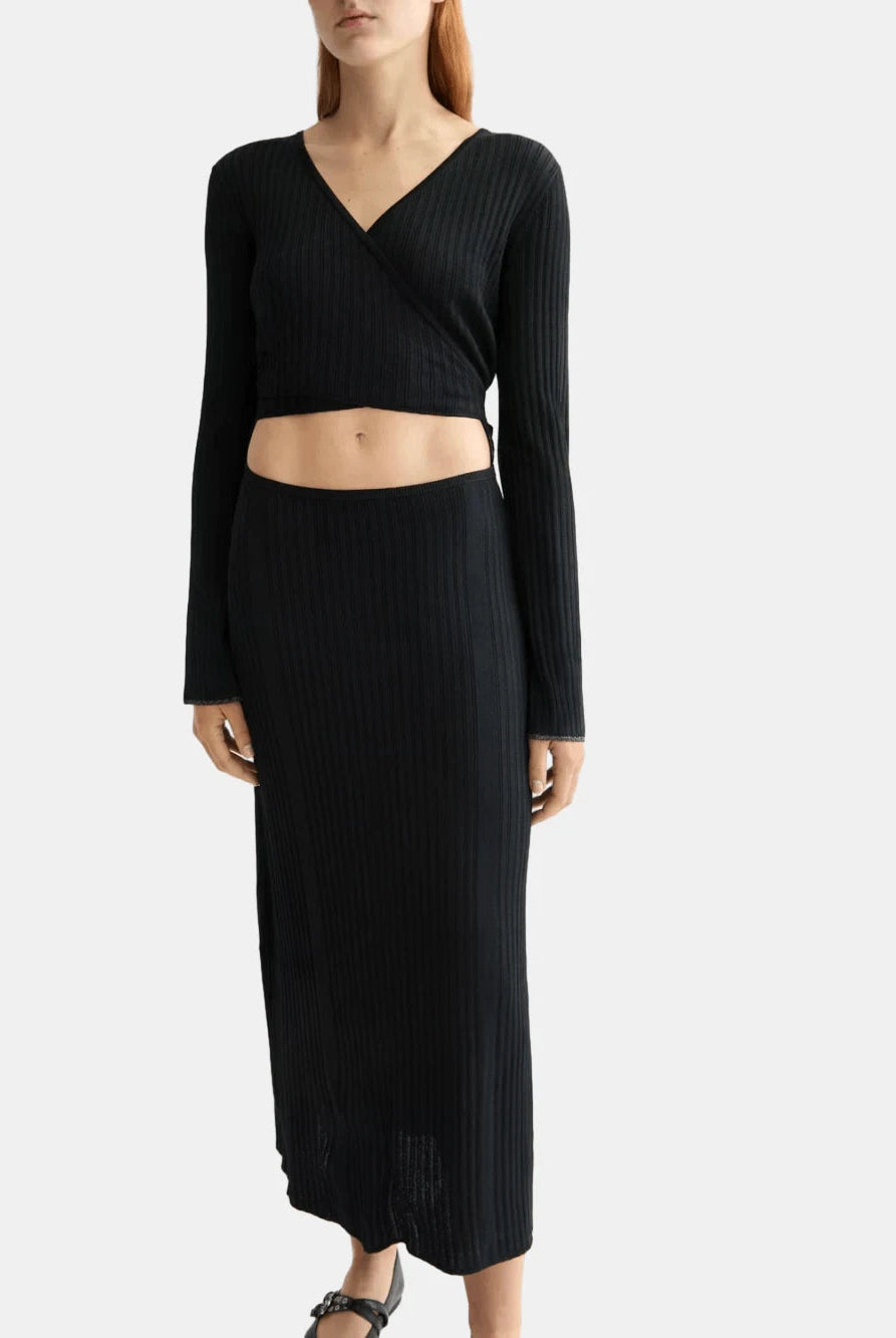 skinny-rib-knitted-wrap-dress detail shot by Scotch & Soda