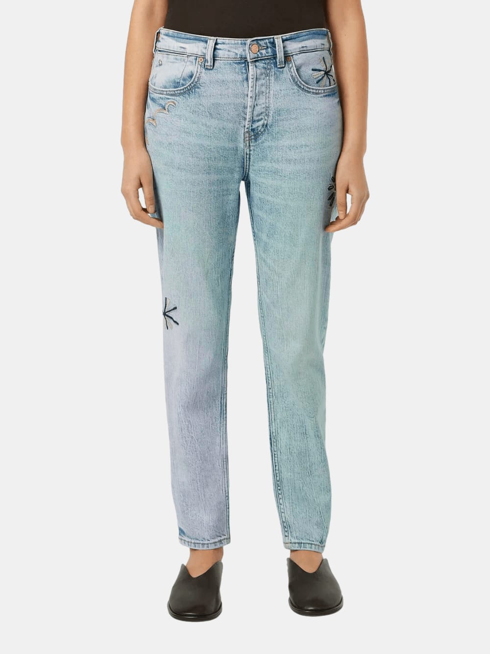 The Buzz Slim Boyfriend Jeans — Spring Lights (Blue/Grey) detail shot of fabric and craftsmanship by Scotch & Soda