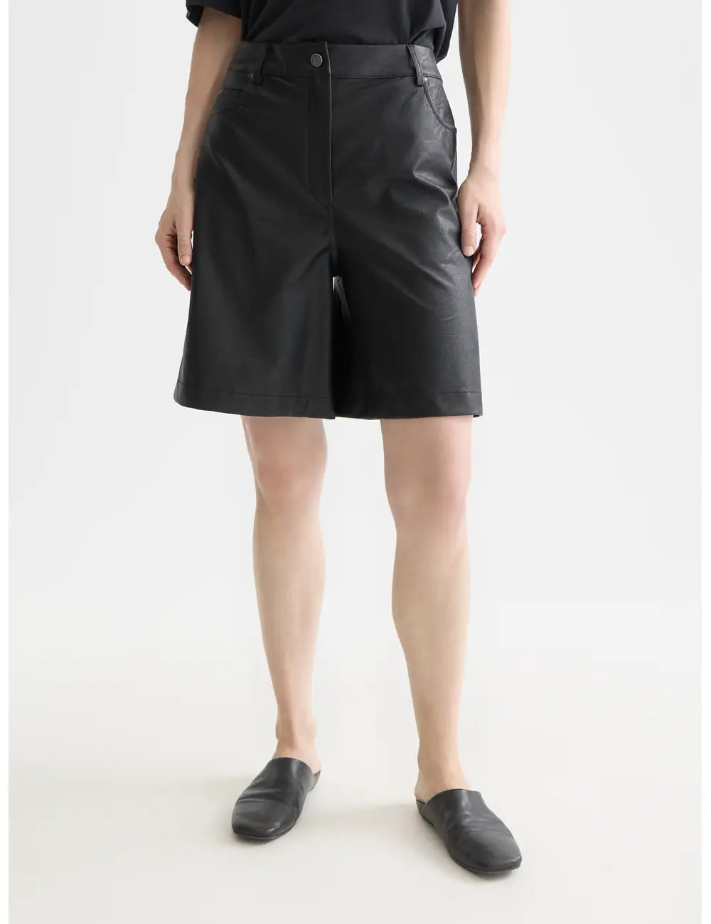 Meteorite High Rise Faux Leather Short close-up on model by Scotch & Soda