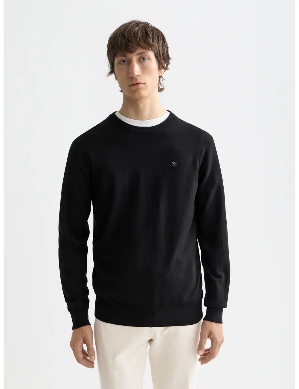 Viscose Pullover Crewneck close-up on model showing fit and detail by Scotch & Soda