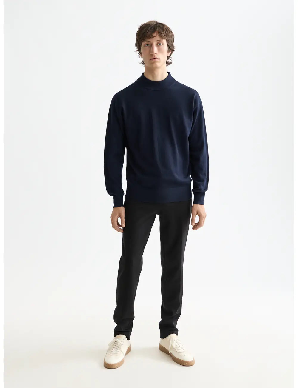 Mock Neck Pullover full model shot showing overall fit by Scotch & Soda