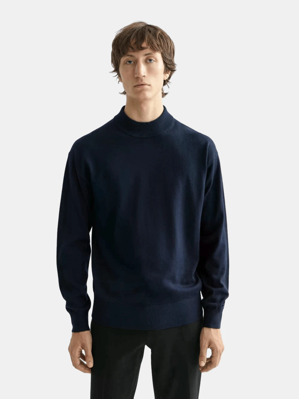 core-dropped-shoulder-mock-neck-pullover-navy front view by Scotch & Soda