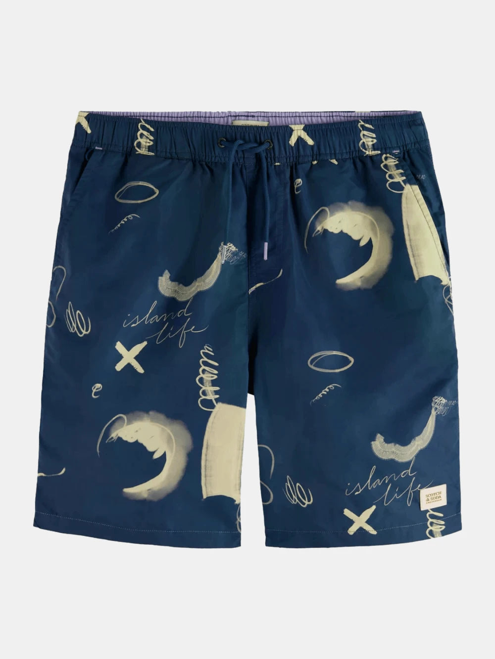 Printed Long-Length Swimshort (Navy) front view showing fit and finish by Scotch & Soda