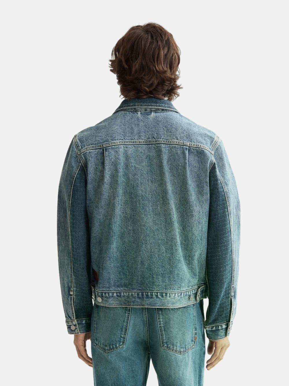 denim-trucker-jacket-with-contrast-panelling back view by Scotch & Soda