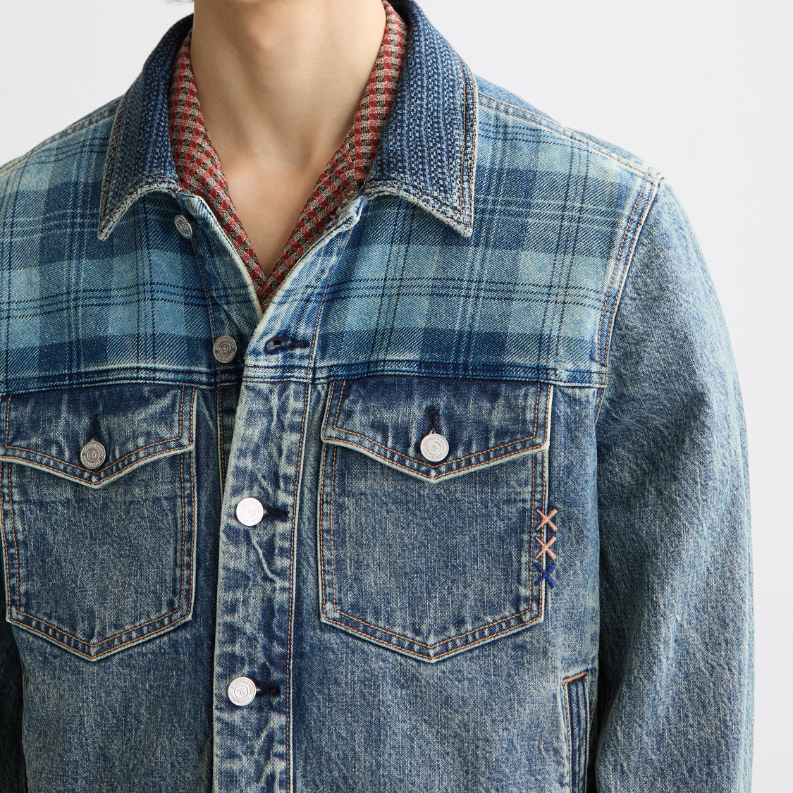 Denim trucker jacket with contrast check panelling