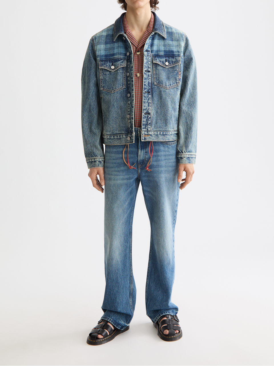 Denim trucker jacket with contrast check panelling