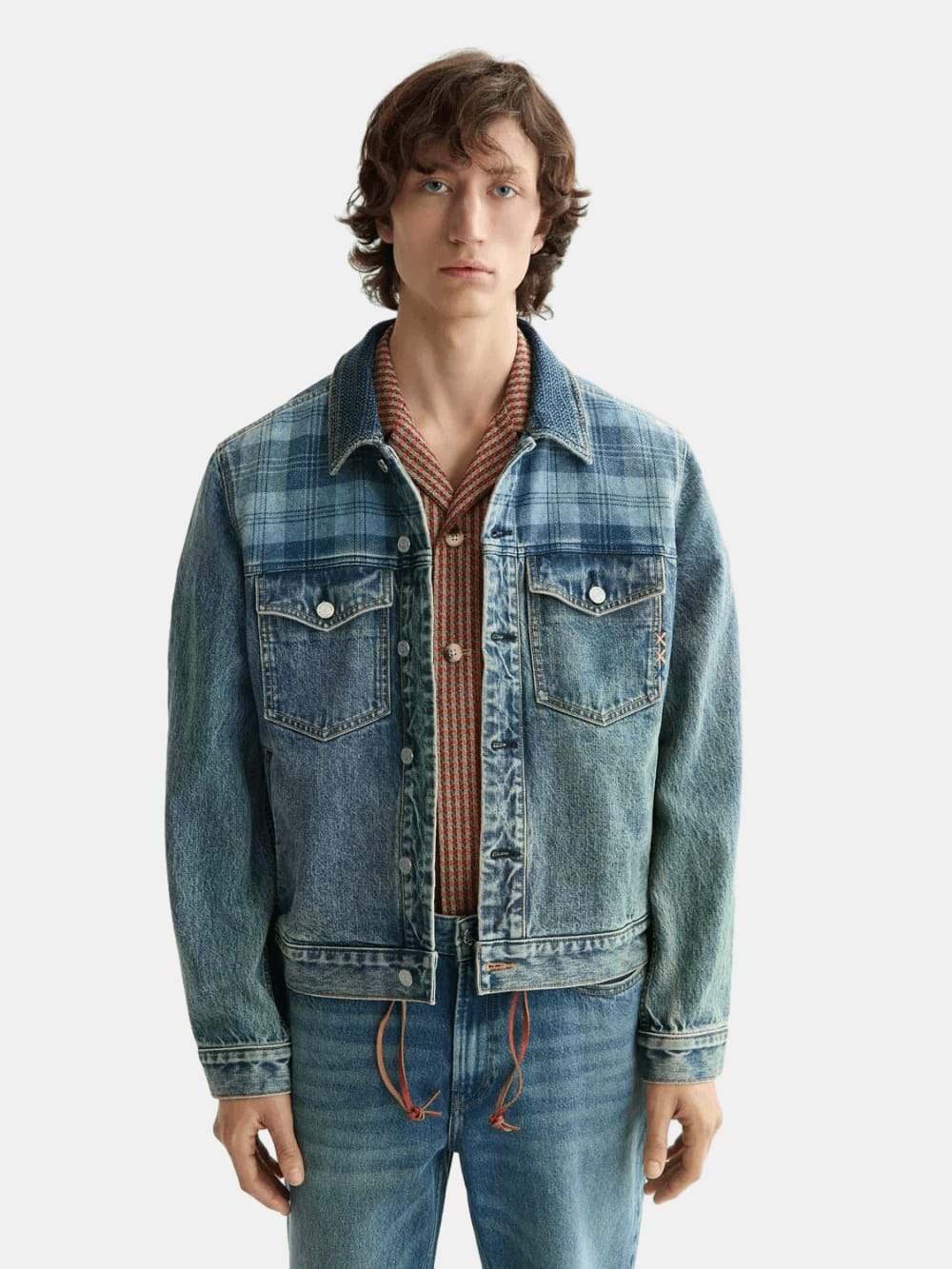 denim-trucker-jacket-with-contrast-panelling front view by Scotch & Soda