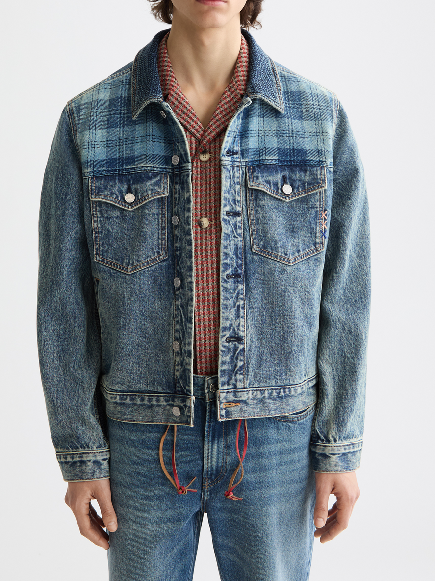 Denim trucker jacket with contrast check panelling