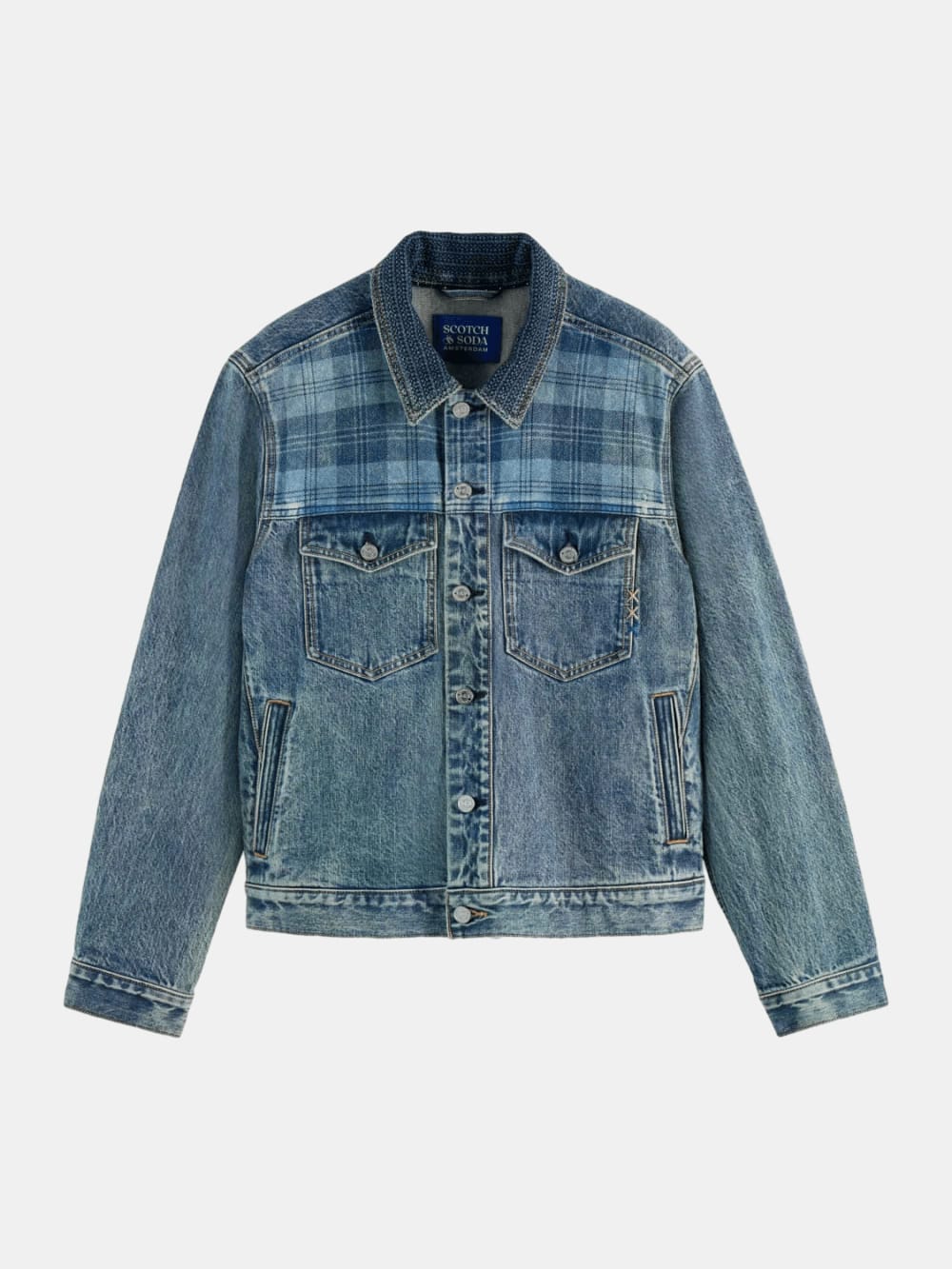denim-trucker-jacket-with-contrast-panelling back view by Scotch & Soda