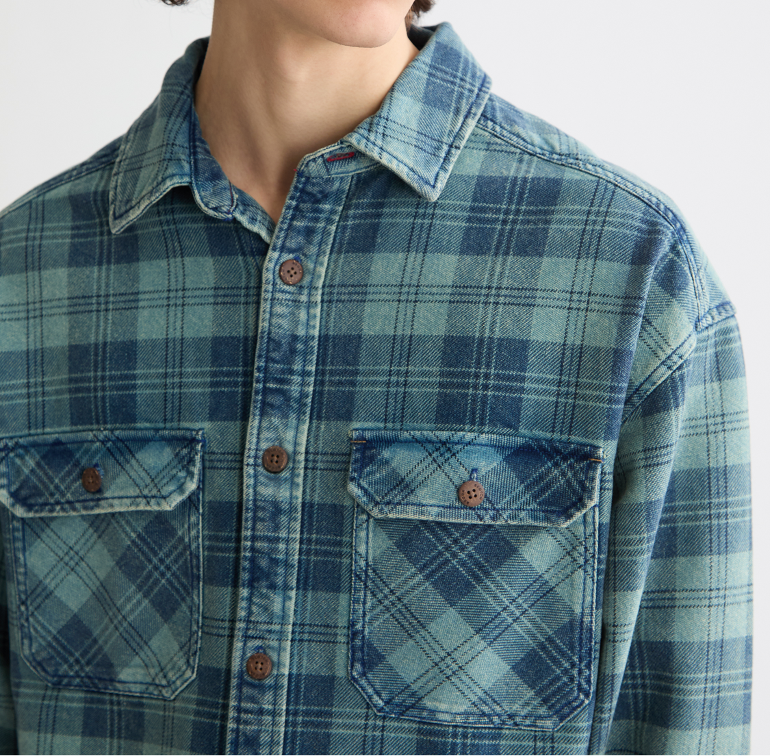 Washed denim checked overshirt