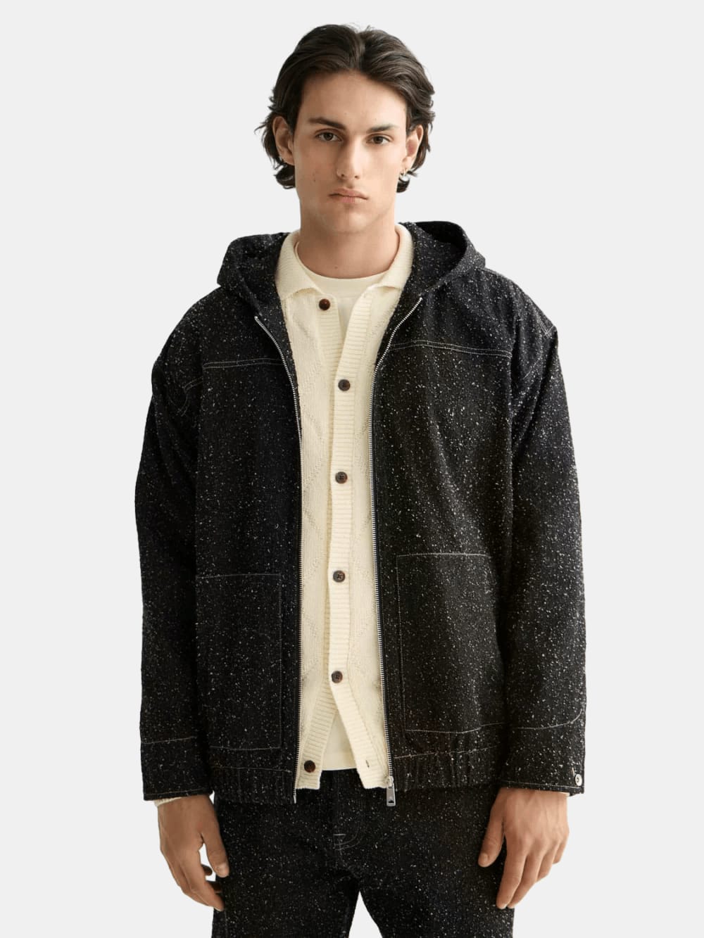 hooded-denim-jacket-black-snow front view by Scotch & Soda