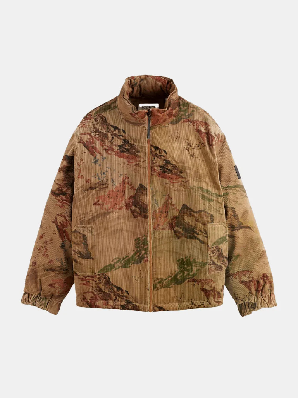 Mountain Print Corduroy Puffer front view showing fit and finish by Scotch & Soda