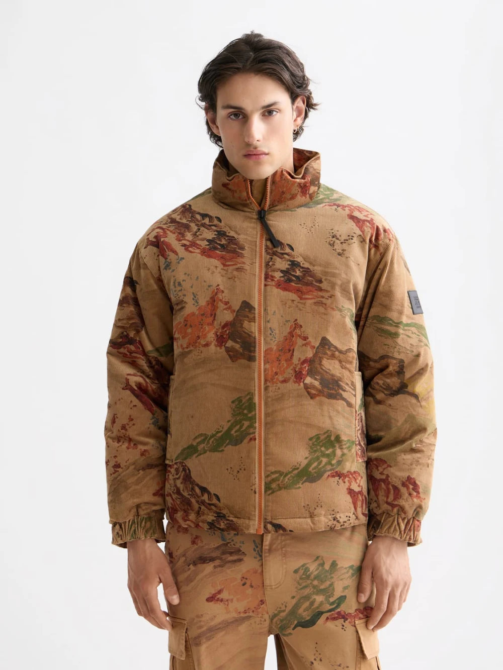 Mountain Print Corduroy Puffer detail shot of fabric and craftsmanship by Scotch & Soda
