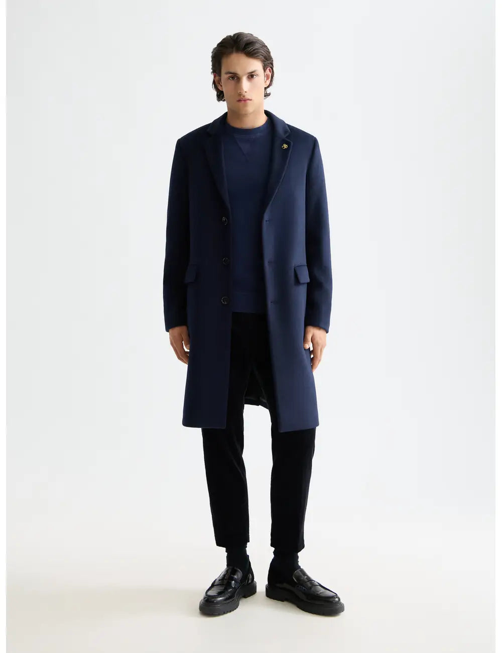 Classic Wool Coat full model shot showing overall fit by Scotch & Soda
