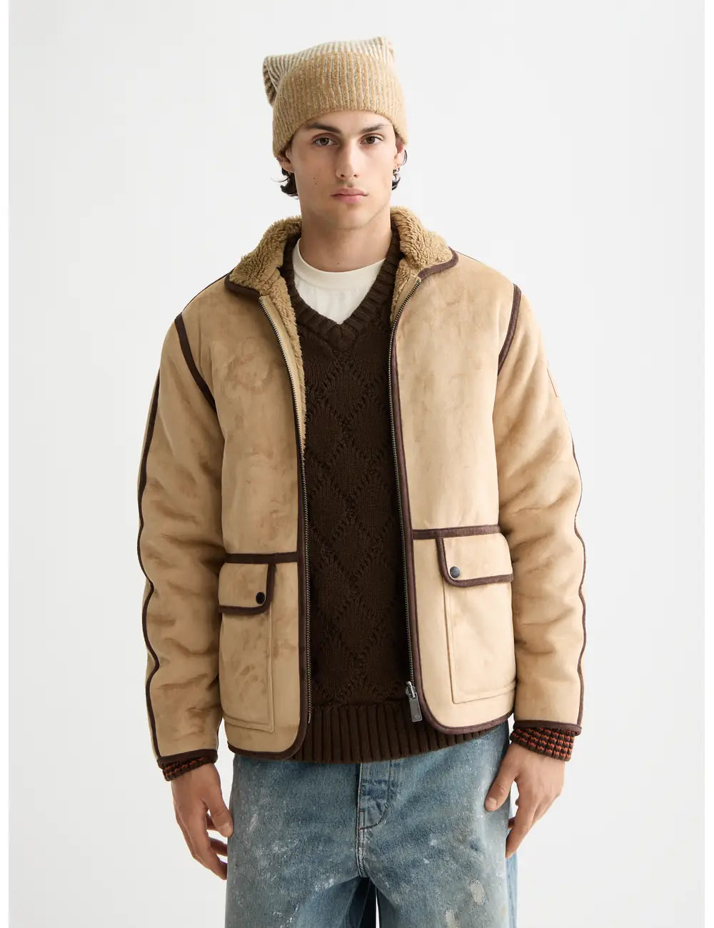 Medium Beige Faux Shearling Jacket front view by Scotch & Soda