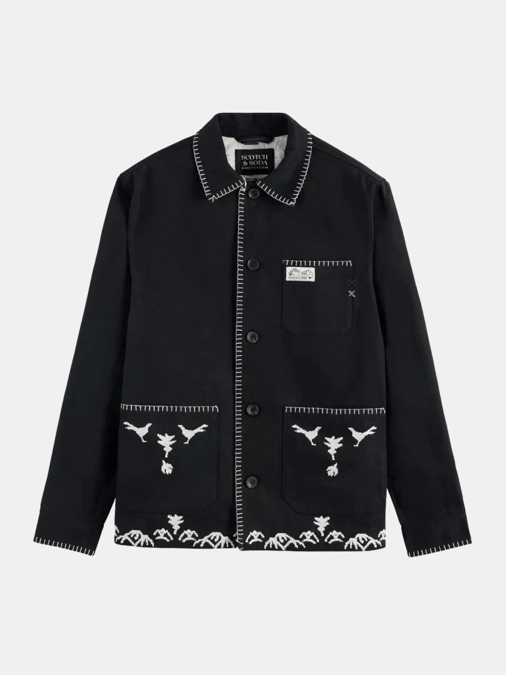 embroidered-cotton-blend-worker-jacket front view by Scotch & Soda