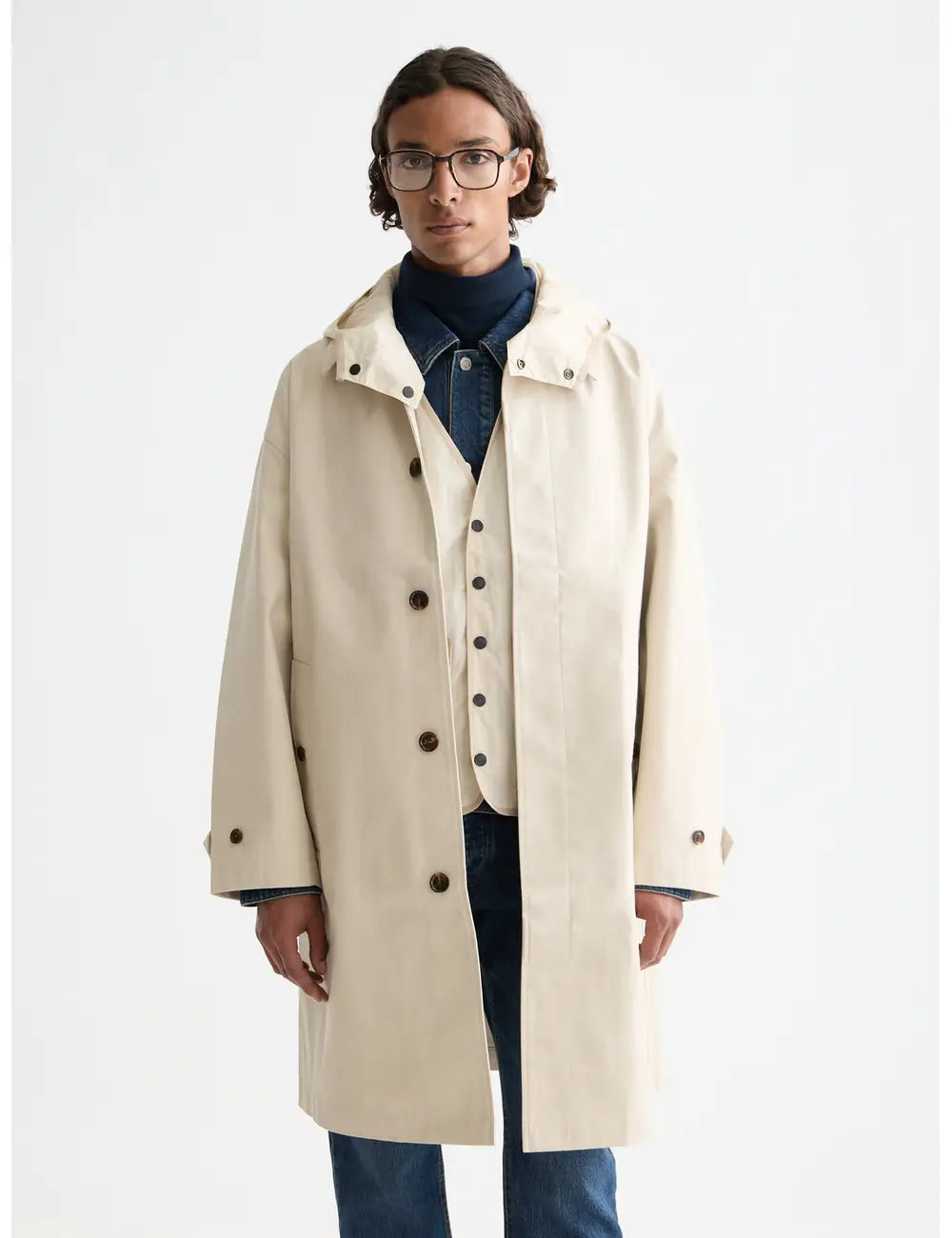 Amsterdam 750 Years Coat close-up on model showing fit and detail by Scotch & Soda