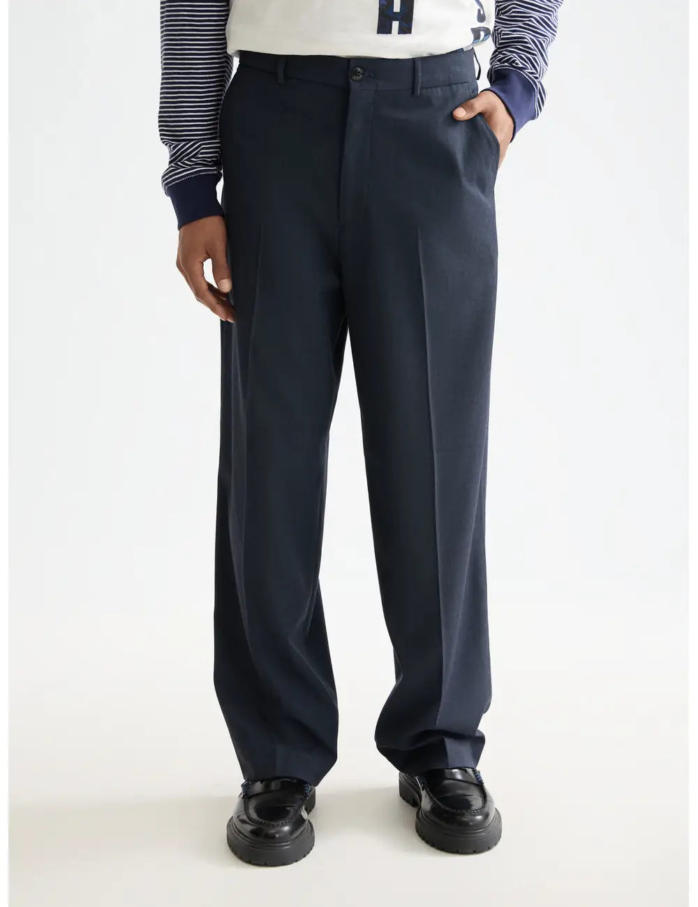 Navy Yarn-dyed Cool Wool-blend Baggy Fit Chino front view by Scotch & Soda