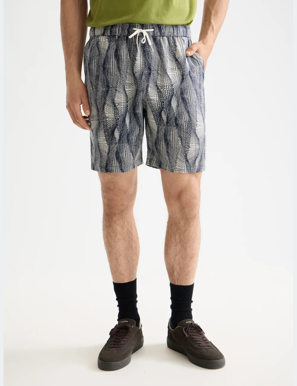 Printed Tencel Shorts close-up on model showing fit and detail by Scotch & Soda