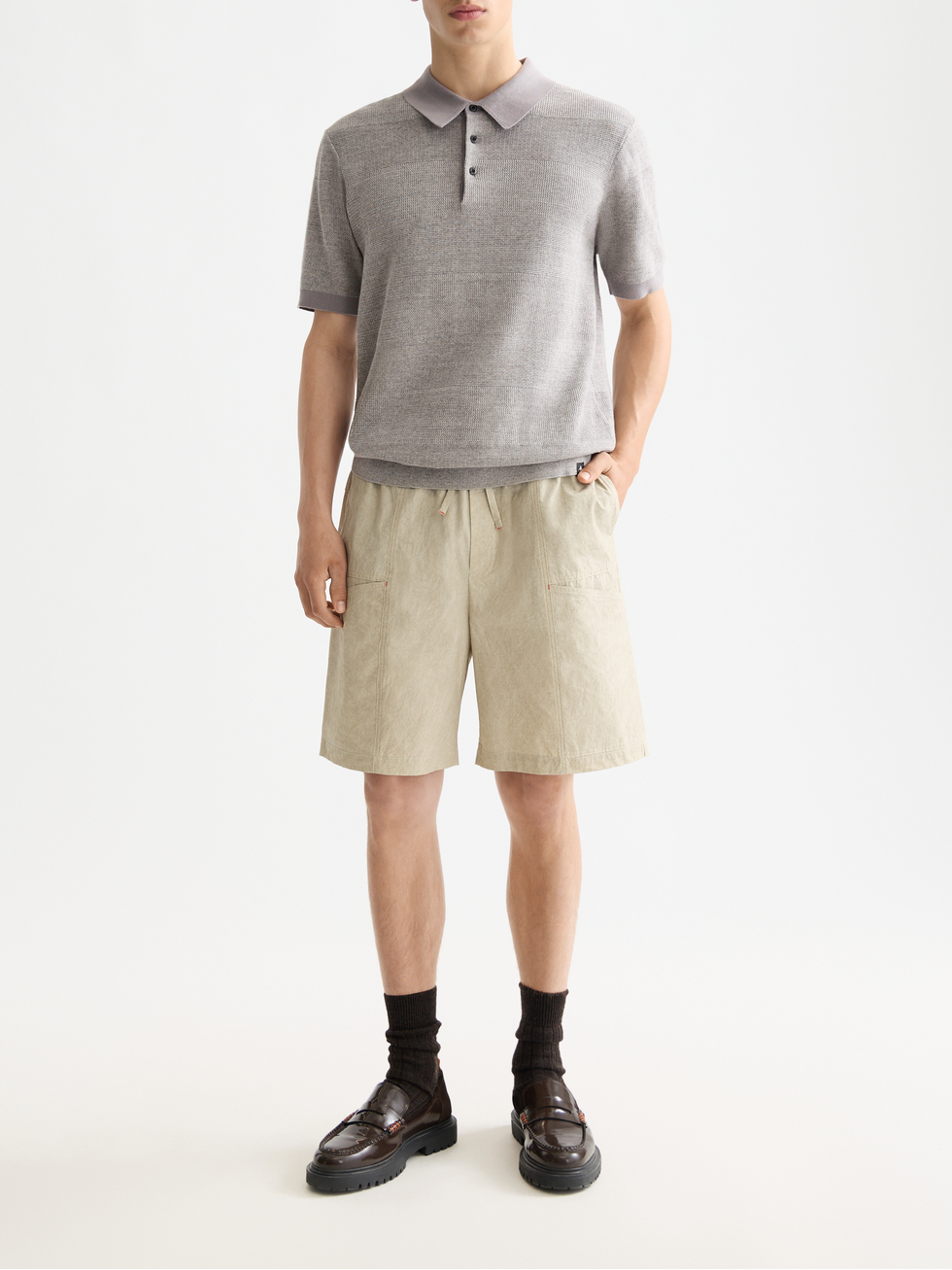 Washed nylon-blend poplin wide cargo bermuda