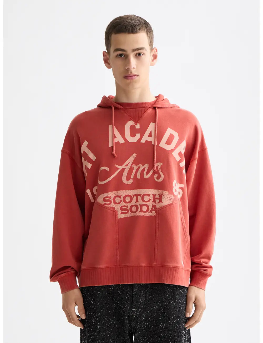 Wash Artwork Hoodie Medium close-up on model showing fit and detail by Scotch & Soda