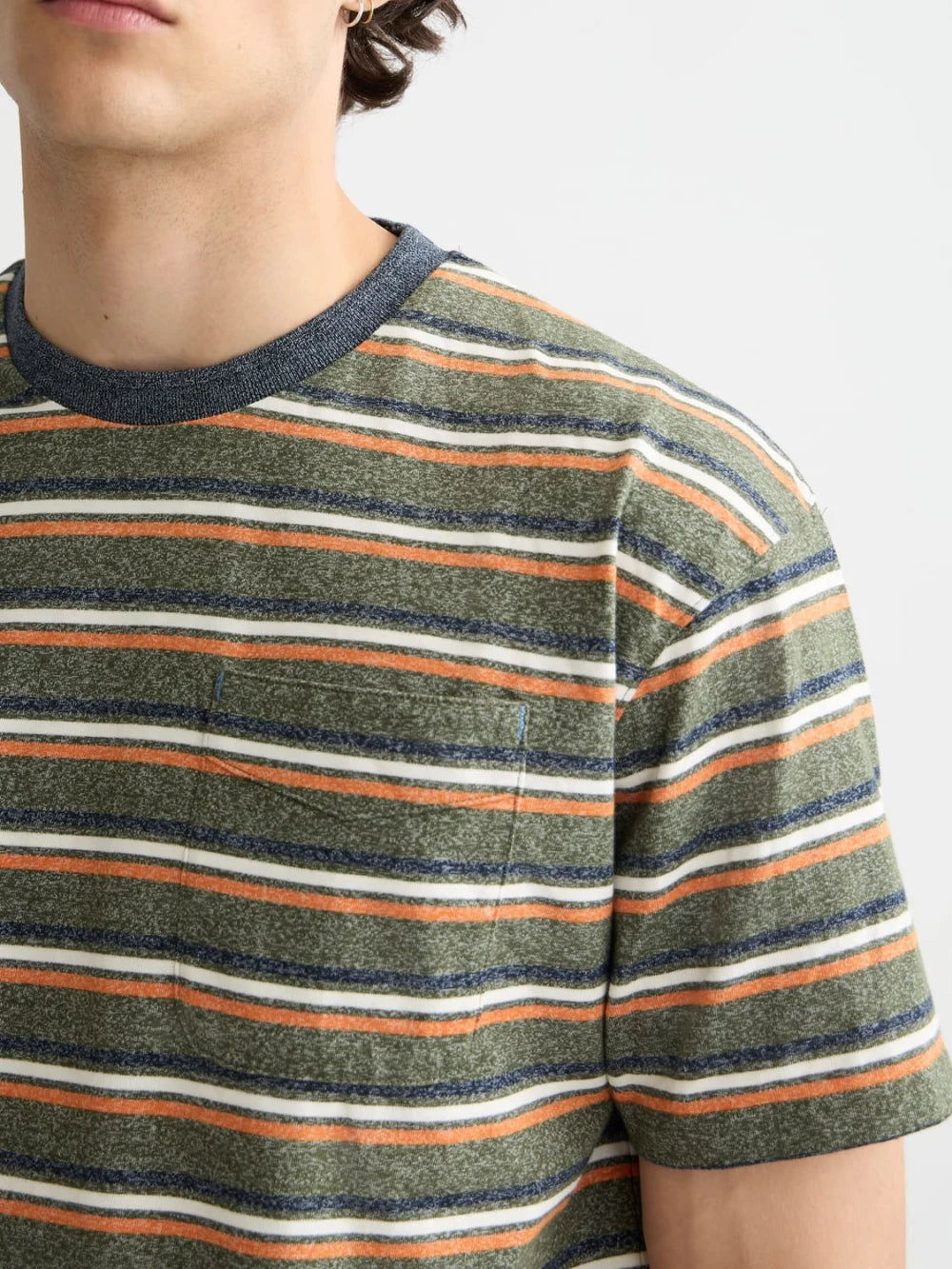 Stripe T Shirt close-up on model showing fit and detail by Scotch & Soda