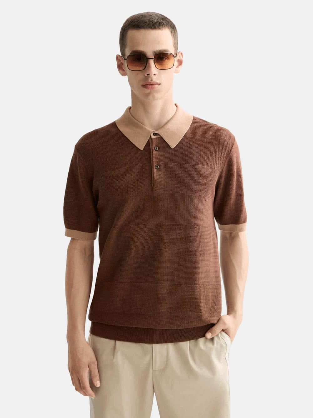 Knitted Tone On Tone Striped Regular Fit Polo front view showing fit and finish by Scotch & Soda