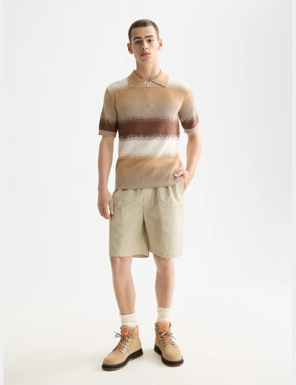 Knitted Degrade Polo full model shot showing overall fit by Scotch & Soda